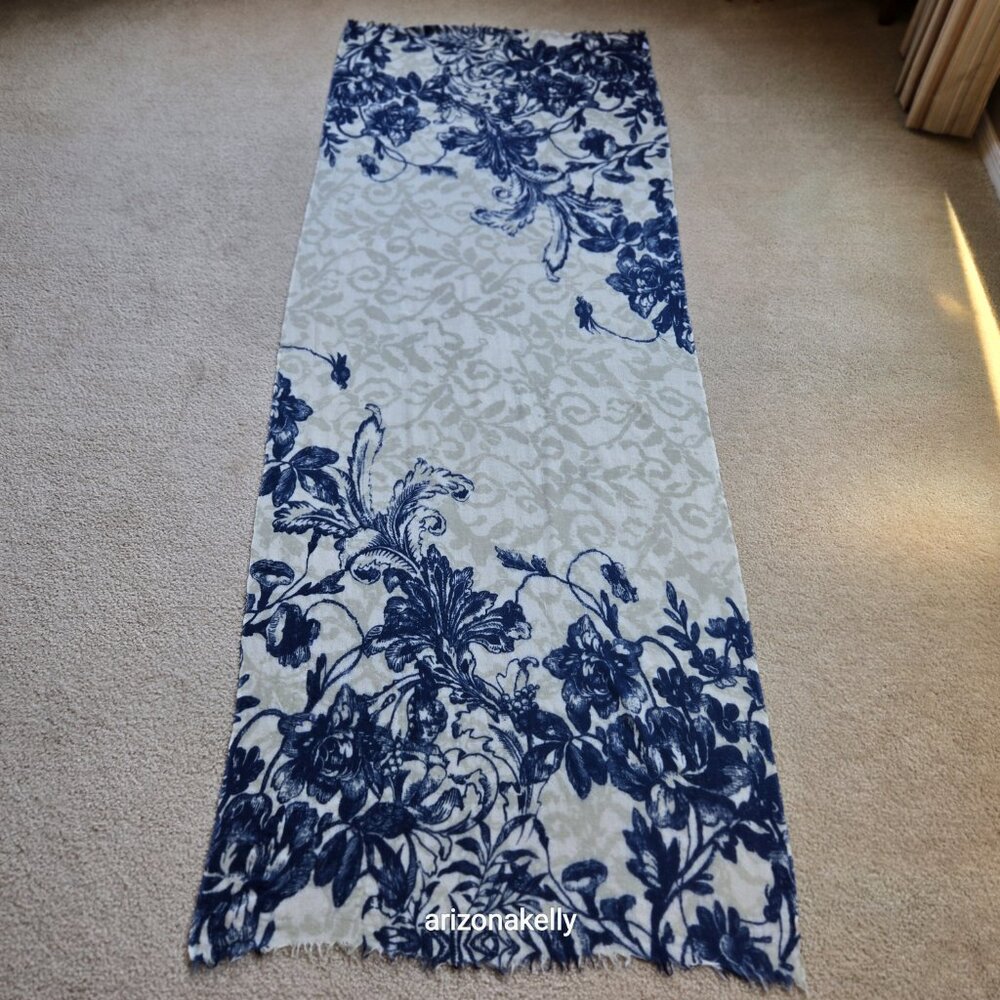 The Cashmere Project Floral Cashmere Scarf Blue Grey Ivory - Picture 2 of 9